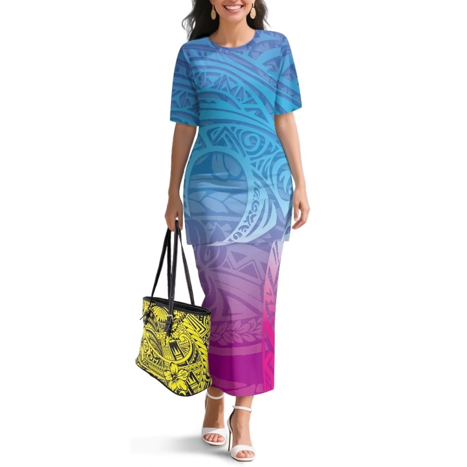 Samoa Puletasi Dress for Women Polynesian Top and Maxi Skirt Sets
