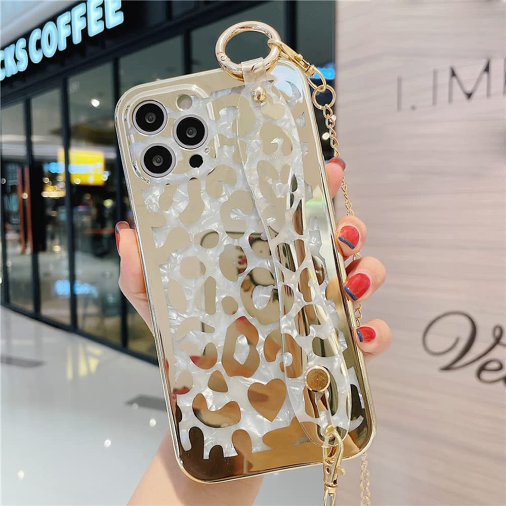 GO-VOLMON Wristband Case for Women for iPhone 12 Pro, Mirrored Gold Leopard Case for iPhone 12 Pro, Glitter Girls Case Pretty Fashion Case for iPone 12 Pro