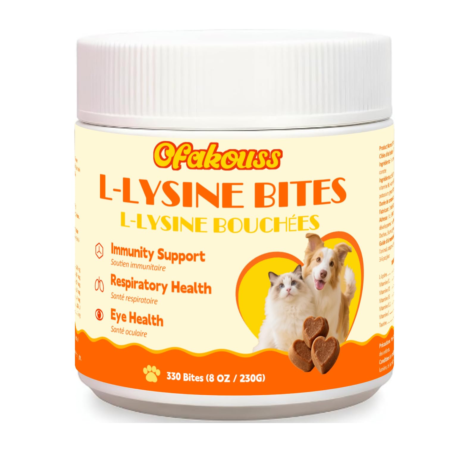 Ofakouss Suplemento mastigável de L-lisina para gatos e cães com taurina e vitaminas, sabor frango, 330 unidades