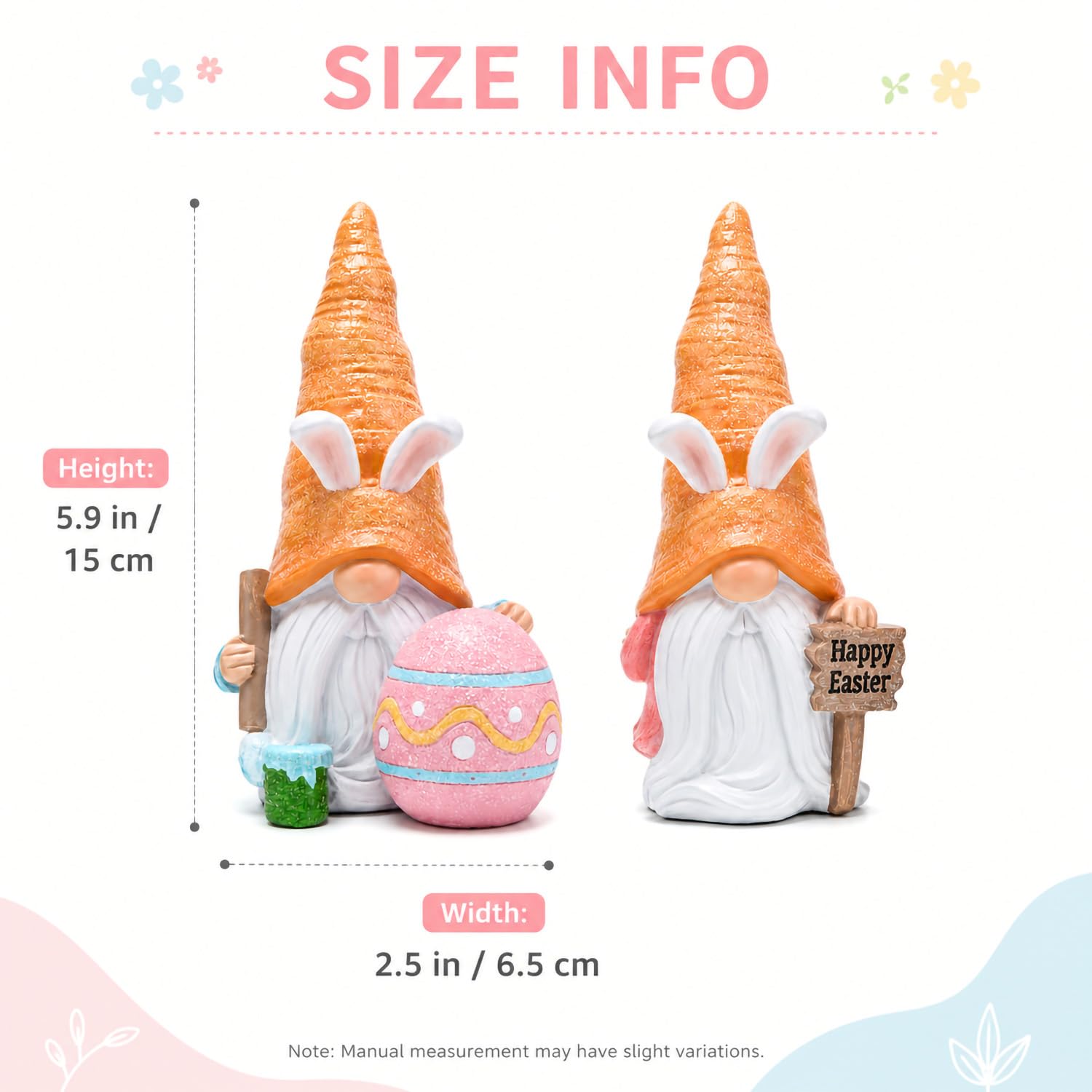 Decorazioni a forma di gnomo pasquale, 2 statuette di gnomo | Mensola da interni in resina dipinta a mano con vassoio a più livelli con cartello a forma di uovo di pulcino
