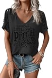 Cut Out Cold Shoulder V Neck Shirt for Women Funny Graphic Short Sleeve Tee Family Party Rock Tops Blouse