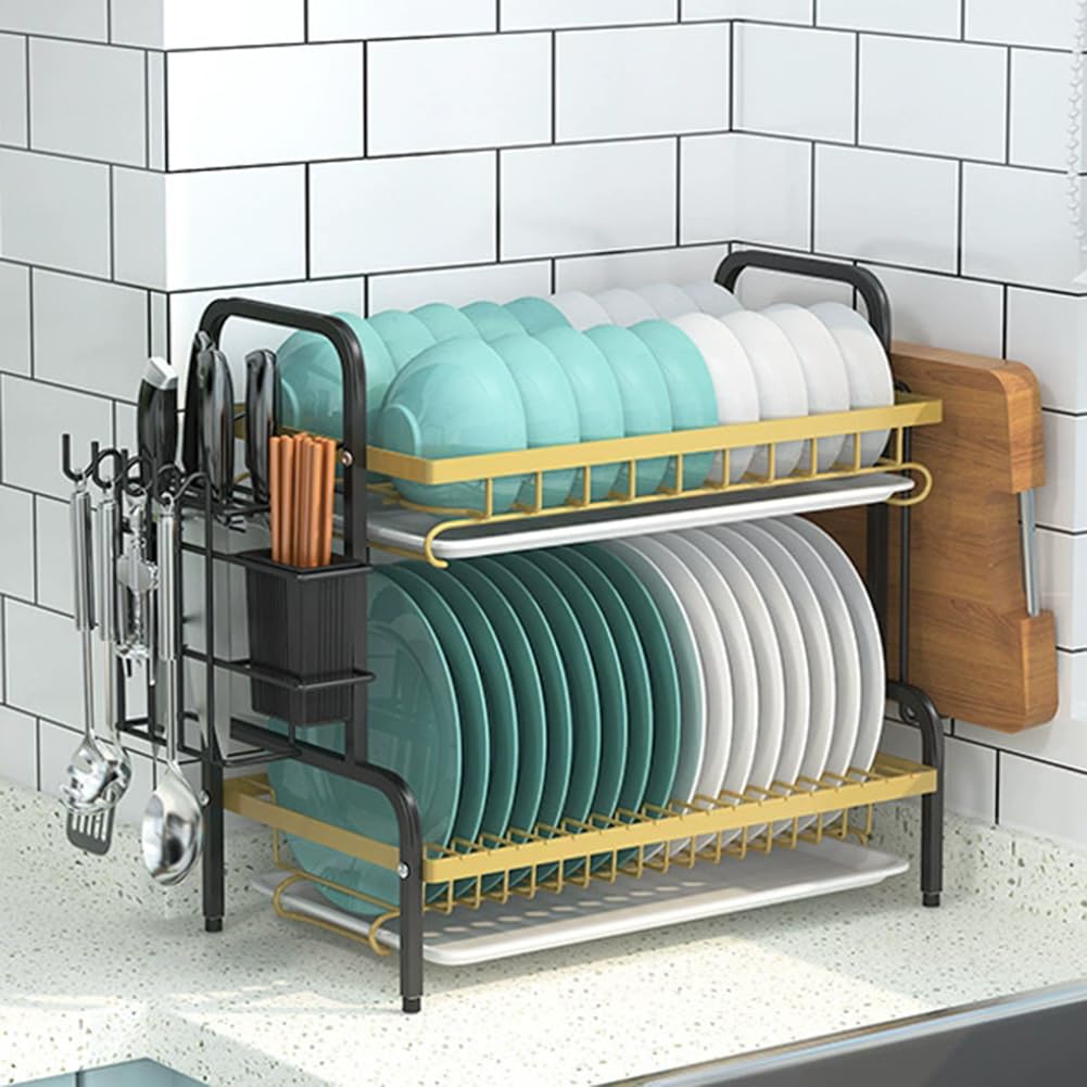 TIANQIHAO 2 Tier Stainless Steel Dish Drying Rack, Large Capacity Kitchen Counter Utensil Holder With Drainboard,Gold-43x23.5x39cm