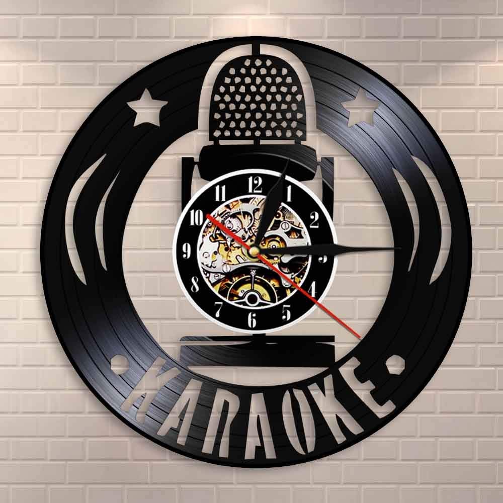 Karaoke Star Microfono Orologio da parete Amanti del canto Karaoke Singing Party Orologio da parete vintage con disco in vinile Cantante Amanti della musica Regalo Dia 30cm 7 colori Orologio da pare