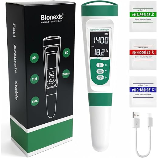 Bionexis® 5-in-1 Digital PH Meter with Voice Function | Accurate PH, TDS, EC, Salinity & Temperature Tester | Waterproof & Rechargeable for Swimming Pools, Aquariums, Hydroponics and Drinking Water