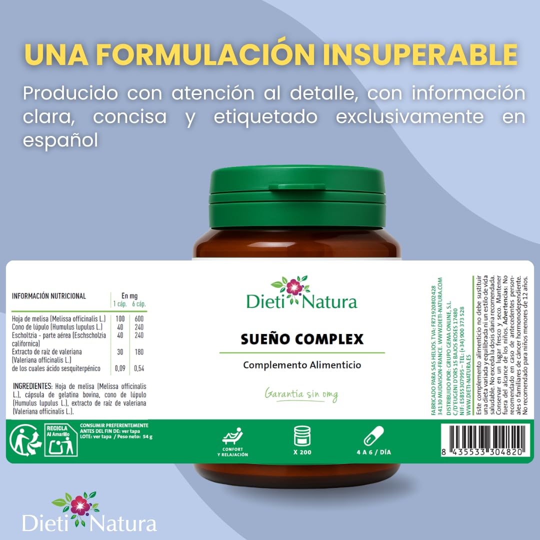 Dieti Natura Sueño Complex 200 Cápsulas de Origen Vegetal (Pack de 3) - Con Valeriana, Escholtzia, Lúpulo y Melisa - Favorece el Sueño y Calma el Sistema Nervioso - Garantía Sin OGM