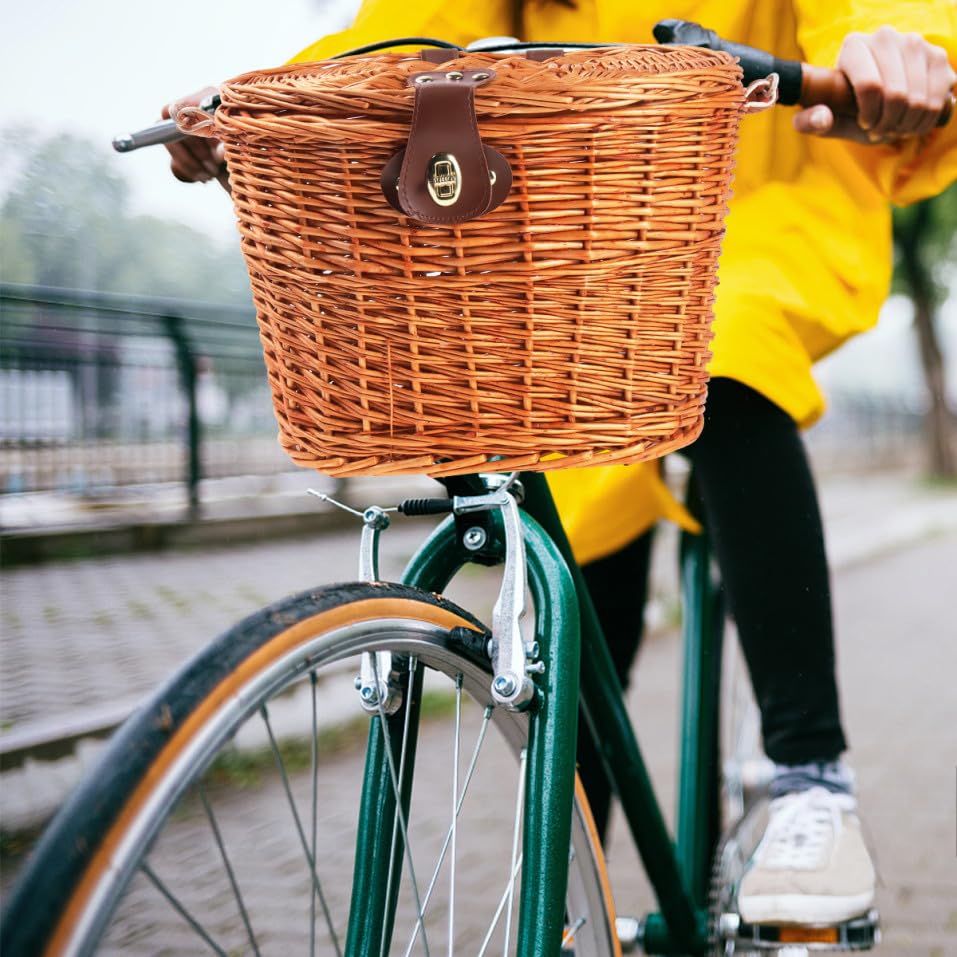 Cestino Bicicletta Anteriore in Vimini Marrone, Cestello per Bicicletta con Coperchio, Stile Creativo, per Bici e Spesa