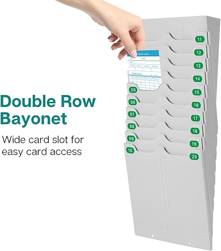 Miniatura 5 de Flexzion Soporte para tarjetas de tiempo, soporte de pared, ampliable, doble fila, 20 ranuras, soporte para tarjetas para hojas de tiempo de 7 x