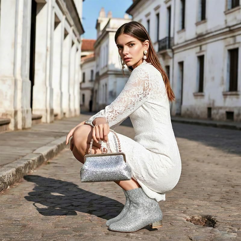 MAVMAX Sequin Low Heeled Ankle Boots Women Sparkly Glitter Block Heel Booties - Image 2