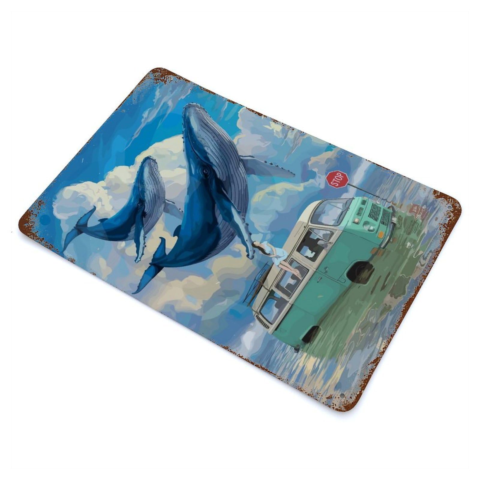 Whales Over Van Rusty Metal Tin Sign 11.8"x7.9", Classic Wall Plaque for Pub, Kitchen And Man Cave Decor