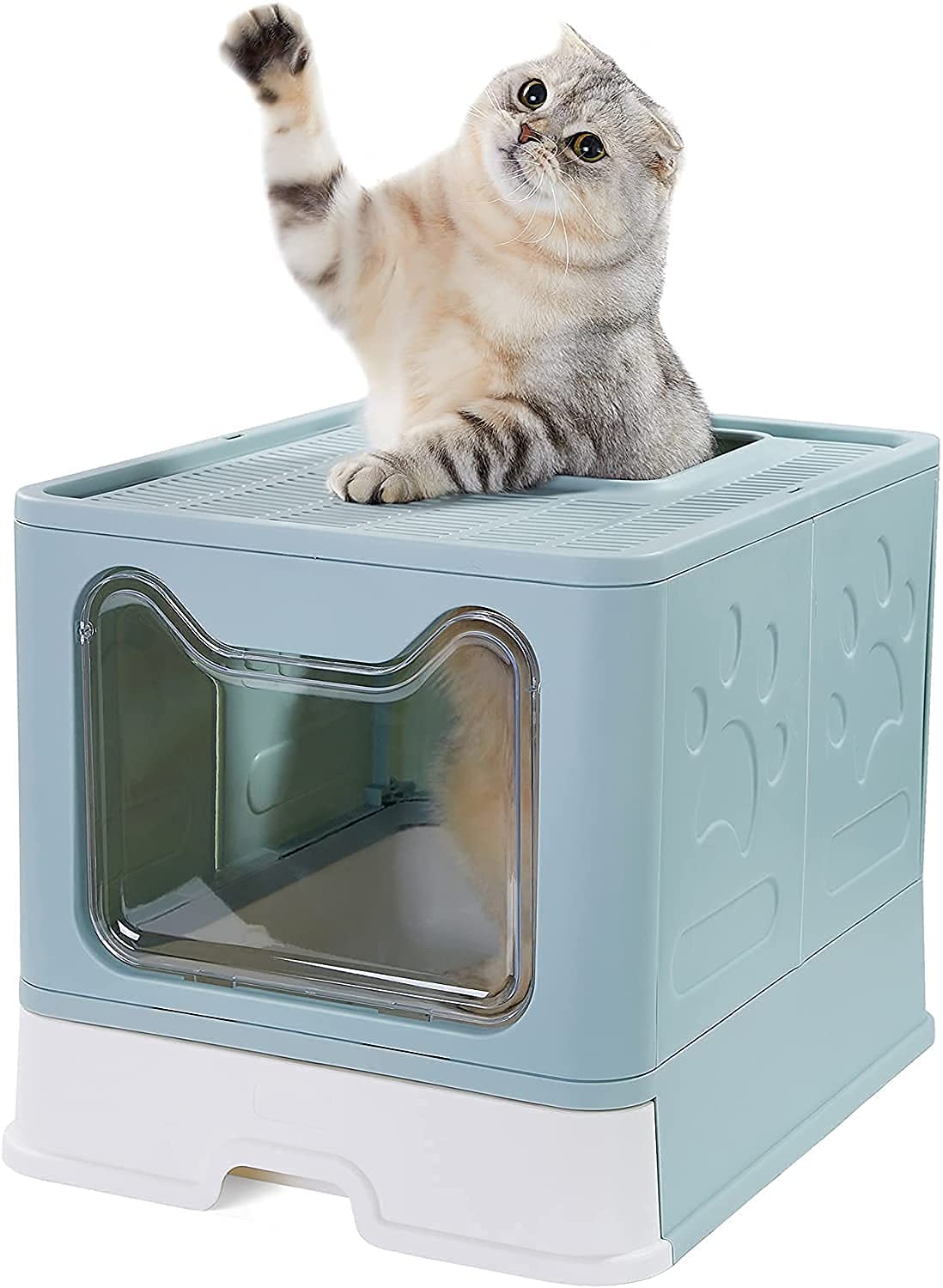 DoeekFoldable Cat Litter Box with Lid Large Litter Box with Scoop Top Entry Anti-Splashing Kitty Supplies (Blue)