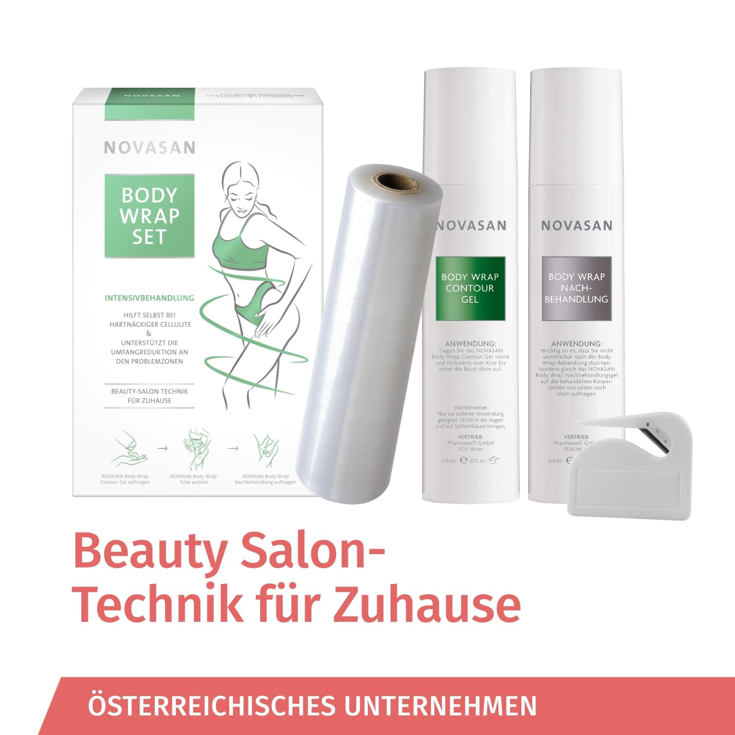 Anti-Cellulite Body Wrap Set mit Thermo-Contour Gel und Folie – Straffende Körperbehandlung gegen Orangenhaut für Bauch, Beine & Po – Professionelle Beautysalon-Technik für Zuhause – NOVASAN®