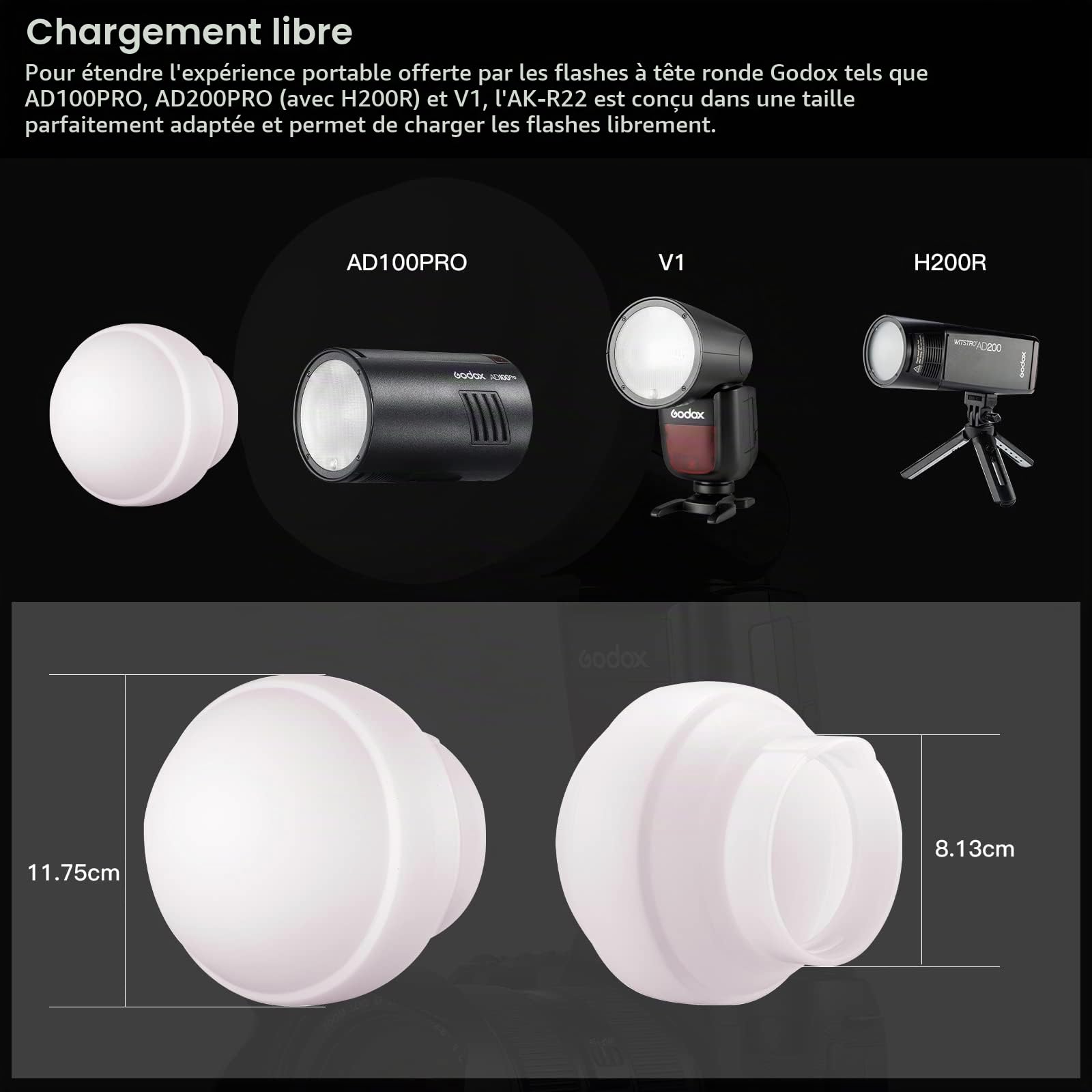 Dôme de diffusion Godox AK-R22, pour flashs Godox AD100PRO, AD200PRO et V1