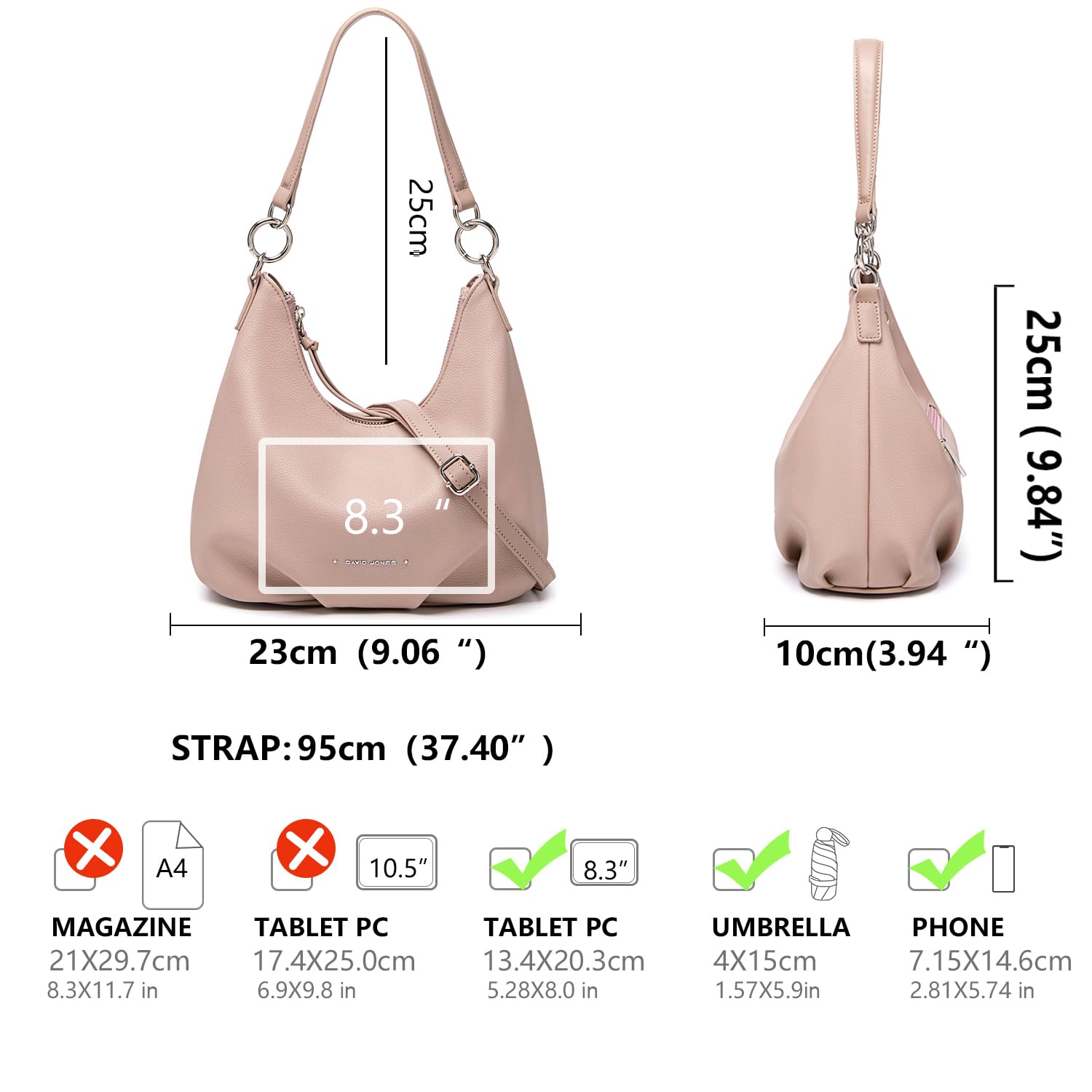 David Jones - Hobo Bag Damen, Mittelgroße Schultertasche PU Leder, Rosa