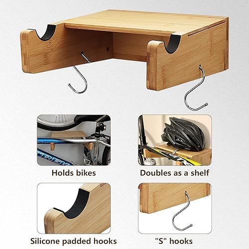 Miniatura 3 de Lifronkit Soporte de pared para bicicleta portabicicletas de bambú con estante extraíble y ganchos de 2 pulgadas en S almacenamiento de accesorios
