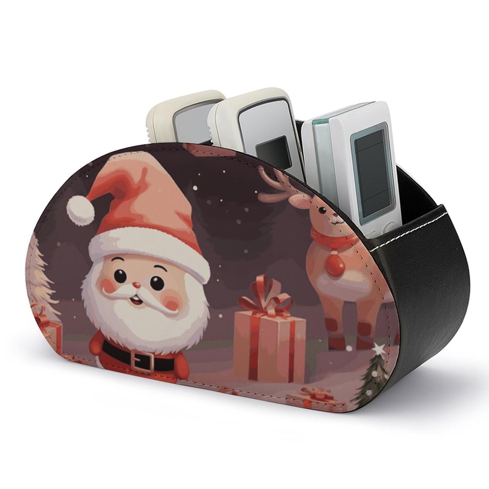 JTREHY - Cute Christmas Remote Control Holder with 5 Compartments PU Leather with Multifunctional Computer Stand, Bedside Organizer Tray