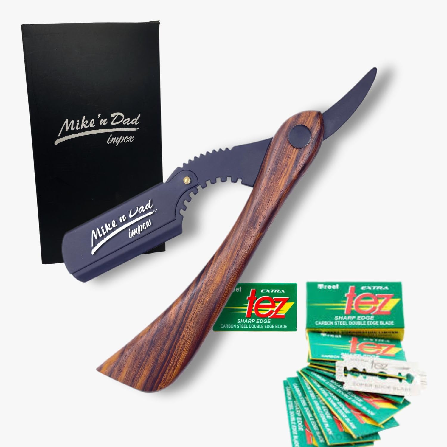MIKE N DAD Professional Barber Straight Edge with 20 Treet Blades Manual Shaver for Men 100% Stainless Steel Barber Blade Replaceable Blade Cut Throat Razor (Wooden Handle)