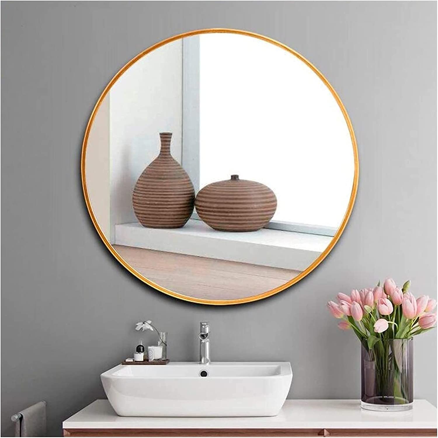 TYUHDUYUR Large Round Wall Mounted Mirror for Bathroom | Cicular Wall Mirror | Decorative Mirrors for Wall | Vanity Shaving Make up Mirrors Living Room Entryway Bedroom Gold Home De