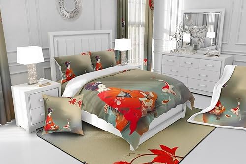 Miniatura 4 de Juego de ropa de cama con estampado 3D de peces koi, tamaño Queen, estilo japonés, juego de funda de edredón clásica con patrón de alimentación de