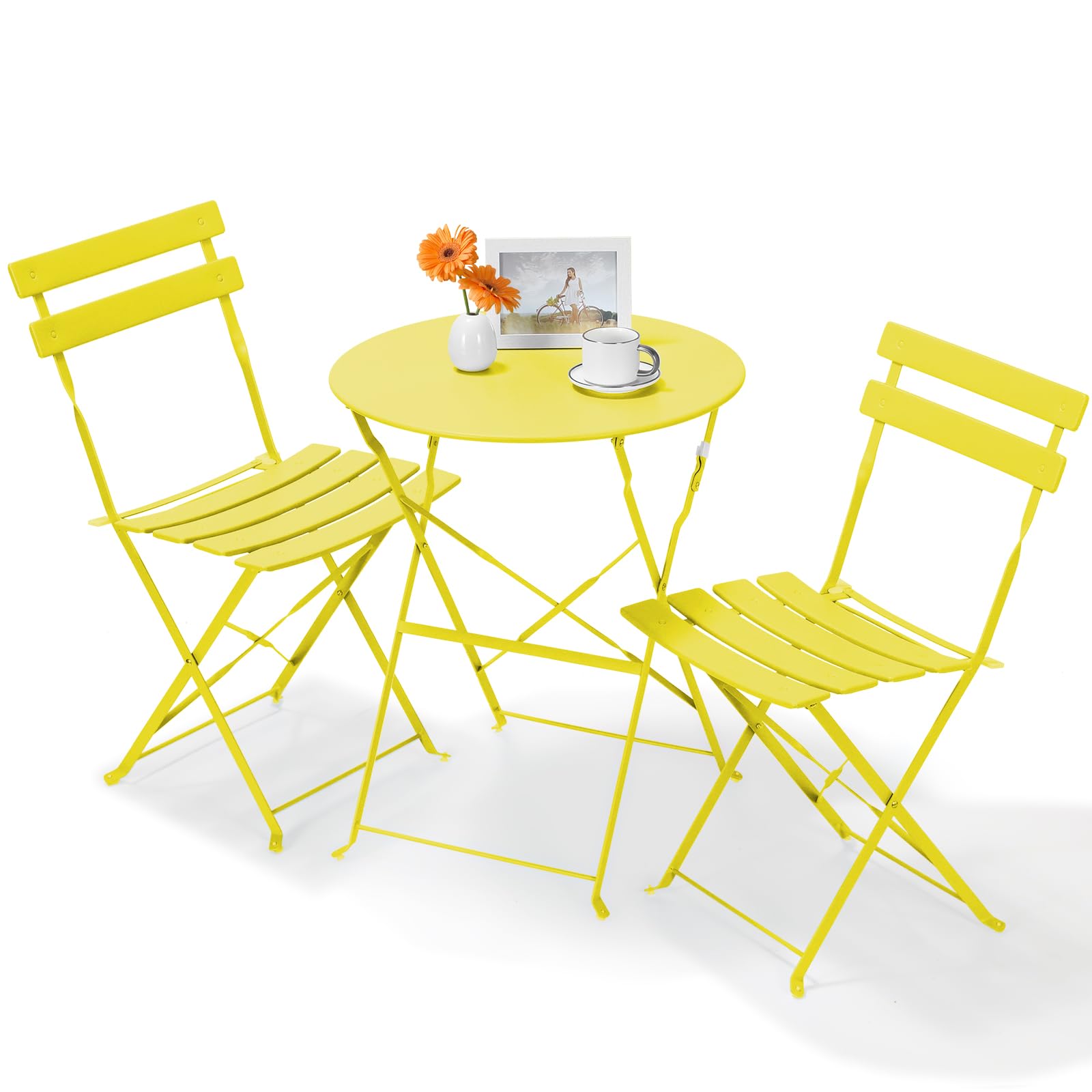 LIFERUN Juego de Muebles de Balcón de 3 Piezas, Bistro Set de Metal con 1 Mesa y 2 Sillas, Resistentes a la Intemperie, Plegables, para Pequeños Balcones, Terrazas y Jardines, Amarillo