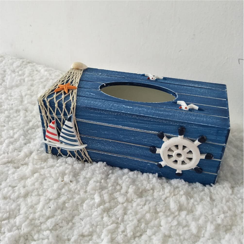 Scatola Fazzoletti in Legno Blu, Contenitore Decorativo Stile Costiero | Atmosfera Estiva, Organizza la Carta Finitura Resistente, per Tavolo Ristorante e Auto