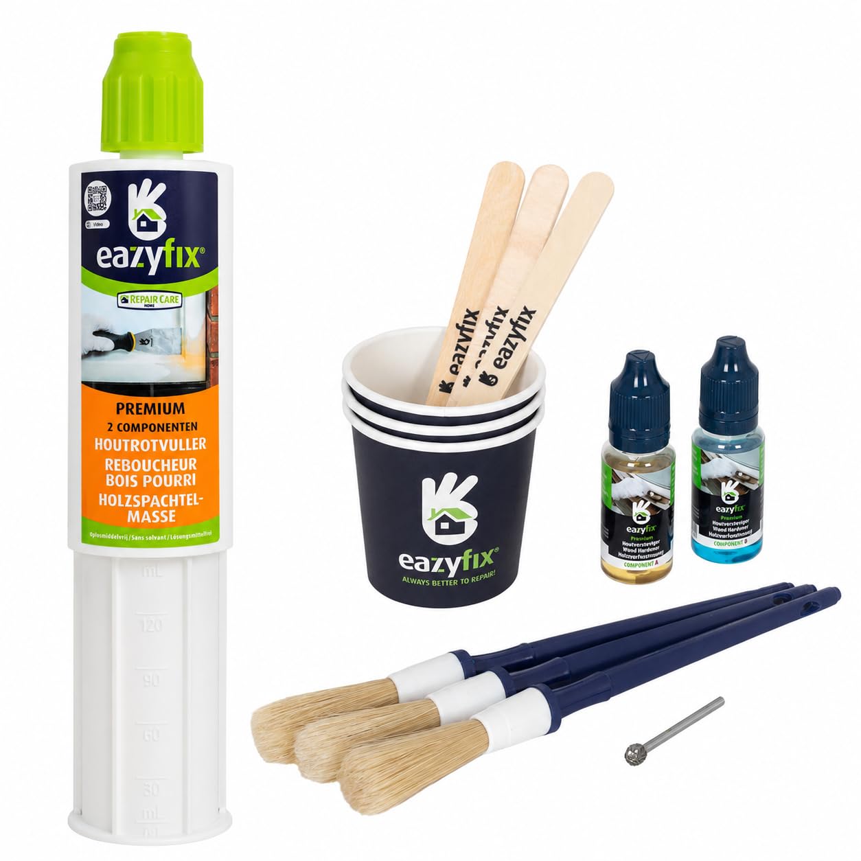 EAZYFIX® | Kit Standard de Réparation Bois Pourri | Rebouche Bois, Durcisseur Bois Premium, Fraises Rotatives, Gobelets de Mélange, Bâtonnets Mélangeurs, Pinceaux Jetables