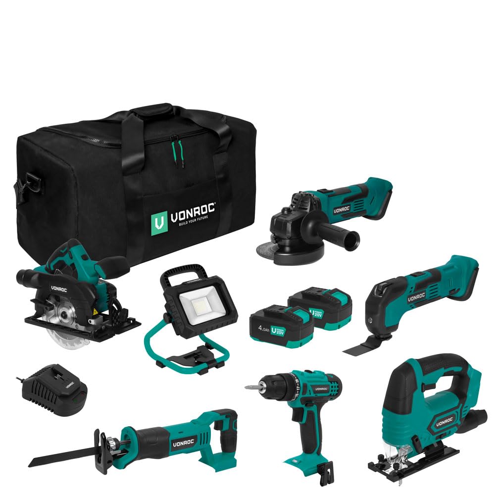 VONROC Werkzeugsatz/Maschinen-set VPower 20V – Werkzeugtasche inkl.: Akkuschlagbohrer, Multiwerkzeug, Stichsäge, Kreissäge, Säbelsäge, Arbeitsleuchte 2 x 4.0Ah Akku und Schnellladegerät