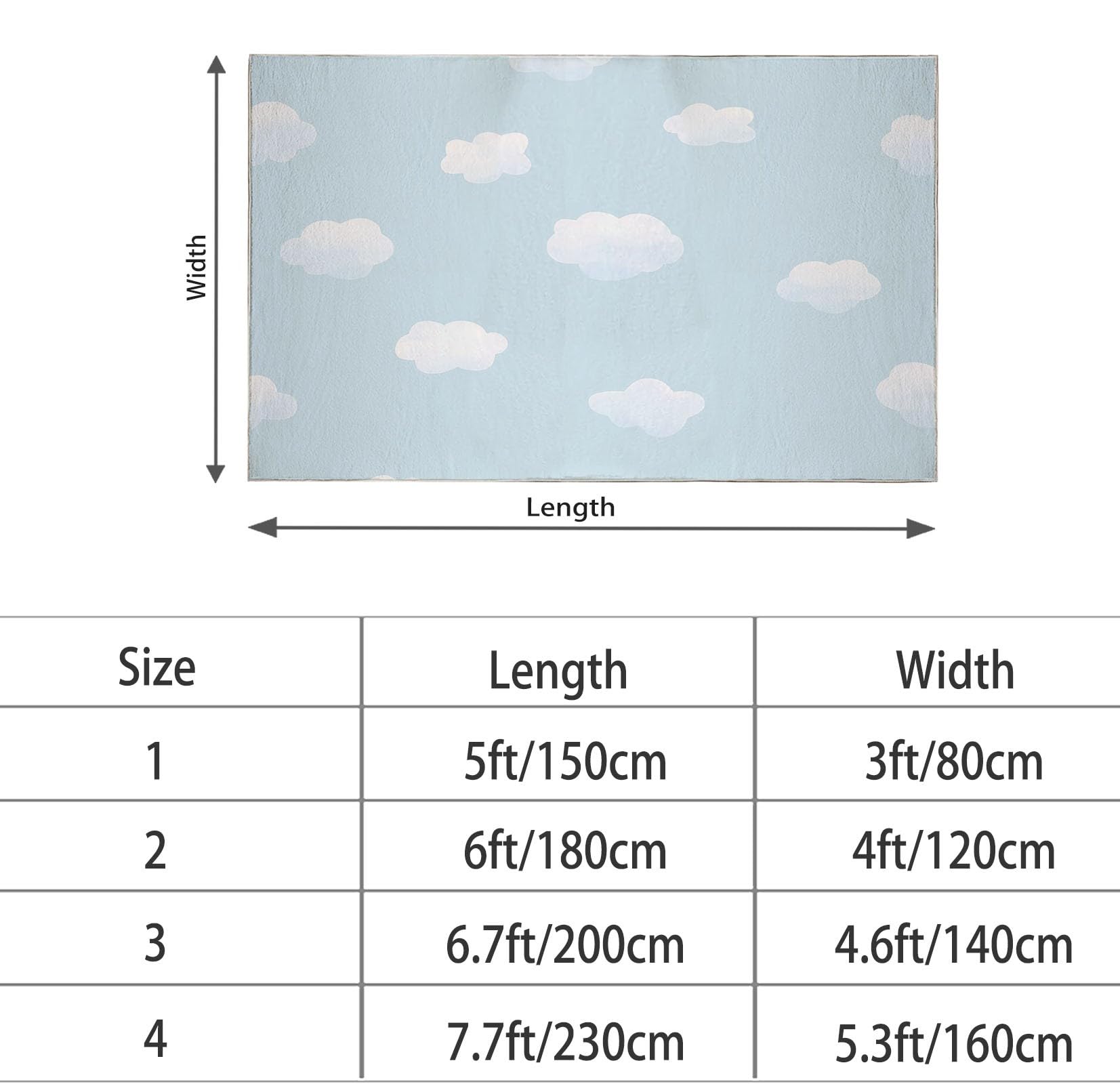 Tapis pour Salon Moquette 120cm x 180cm Tapis Poils Ras Nuages Blancs, Fond Bleu Thème Soft Doux et Moelleux Tapis pour la Chambre à Coucher d'enfant Couloir