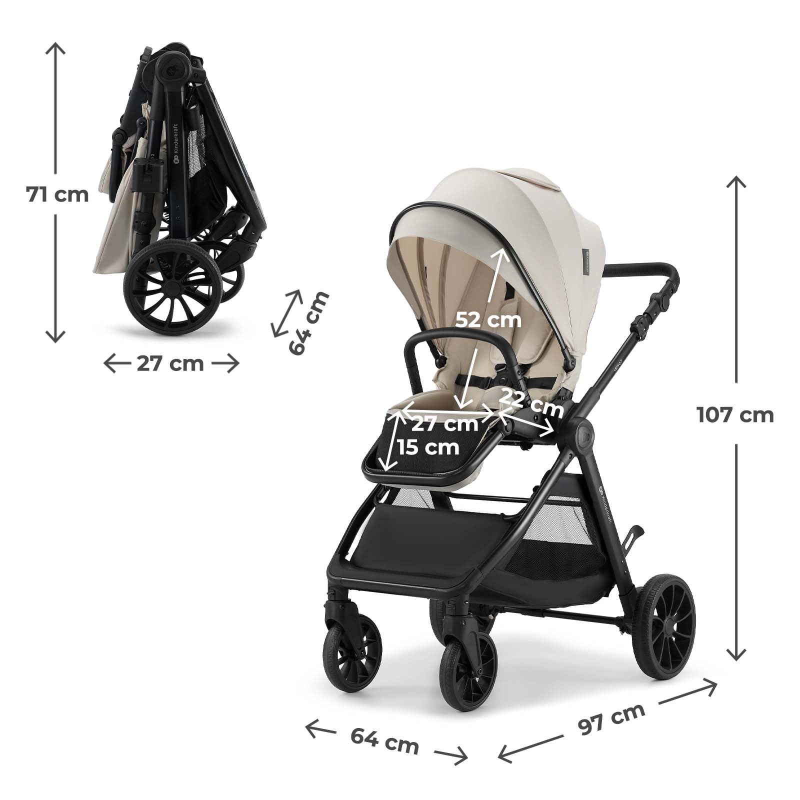 Kinderkraft VESTO 2 Passeggino fino a 22 kg, seduta reversibile fronte mamma e mondo, chiusura con seduta montata, self-standing, ruote ammortizzate, Beige