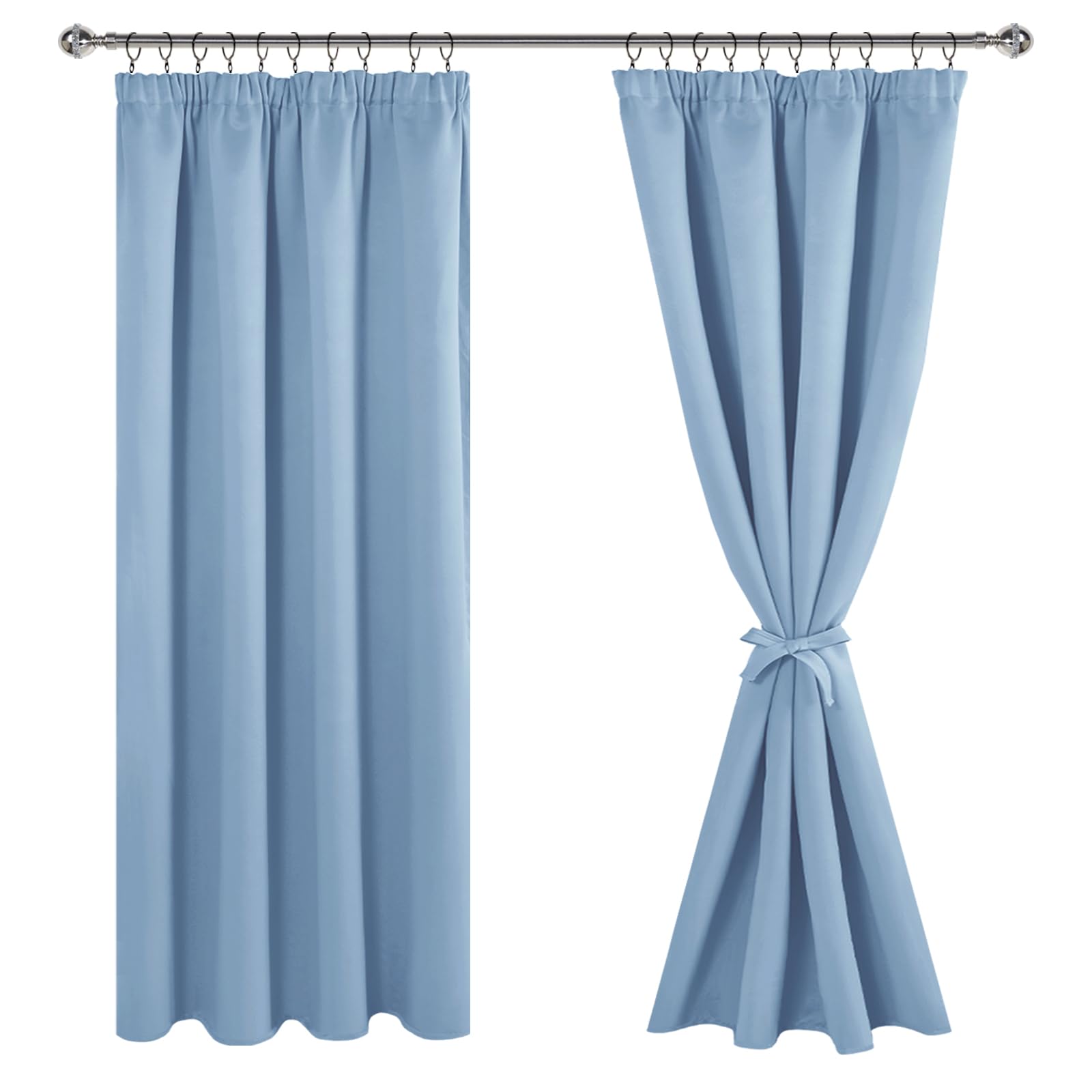 JIUZHEN Opaque Curtains with Ruffle Tape, Blackout Curtains, Living Room Curtains, Bedroom, Thermal Curtain, Light Blue