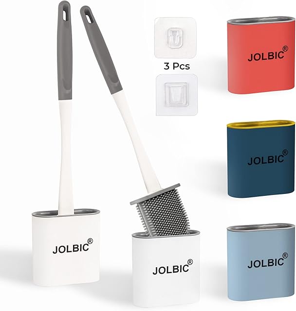 JOLBIC Silicone Toilet Brush with Quick Drying Holder-2 Pack, Toilet Brushes Sets with flexible bristles, Cleaning Brush Kit for Bathroom (White)