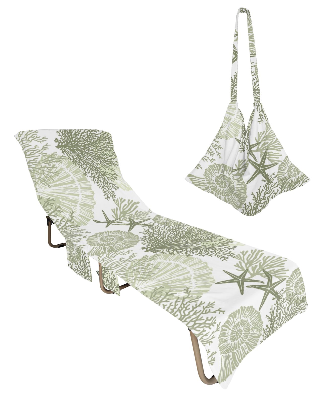 Sage Green Shell Beach Chair Towel Covers for Chaise Lounge with Side Pocket, Soft Plush Pool Towels Cover for Patio Sunbathing Outdoor 29''x85'' Ocean Nautical Starfish Abstract Geometric