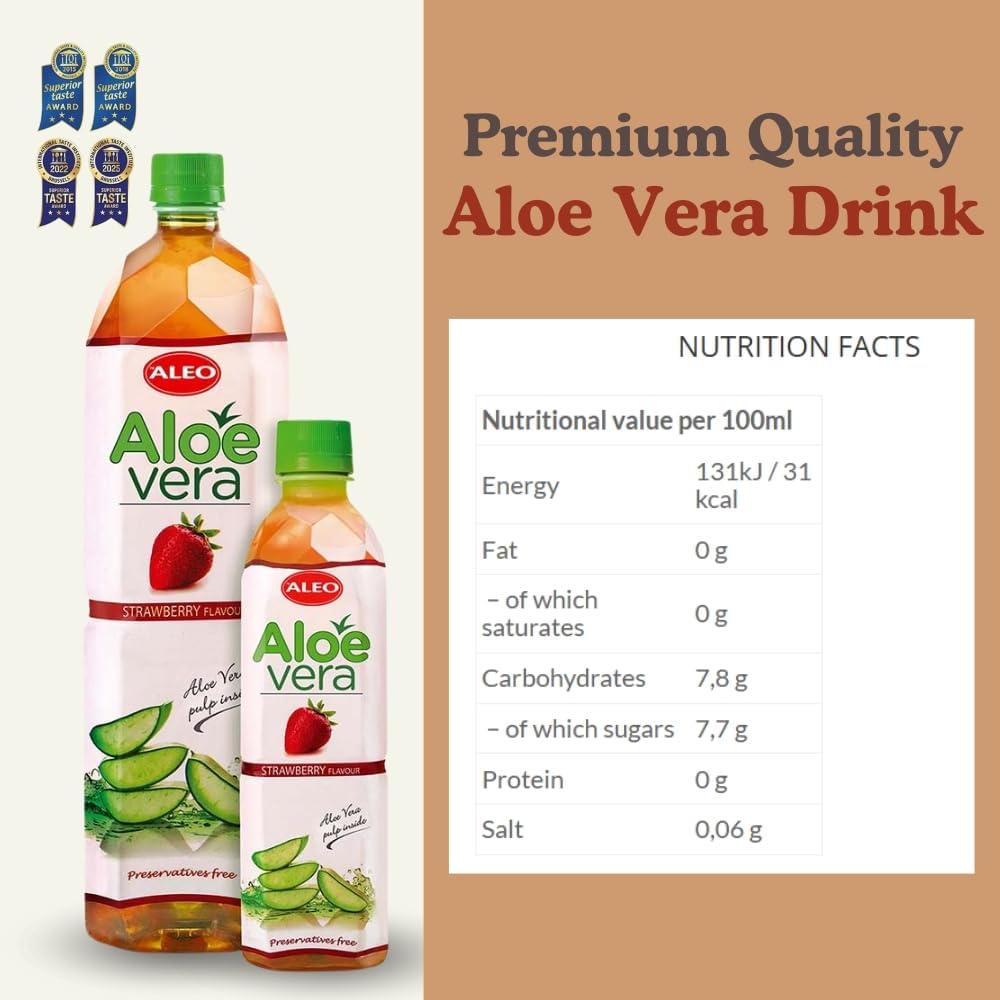 ALEO 1.5L Strawberry Aloe Vera Drink - Natural, No Preservatives, No Artificial Colors Superior Taste Award 2025