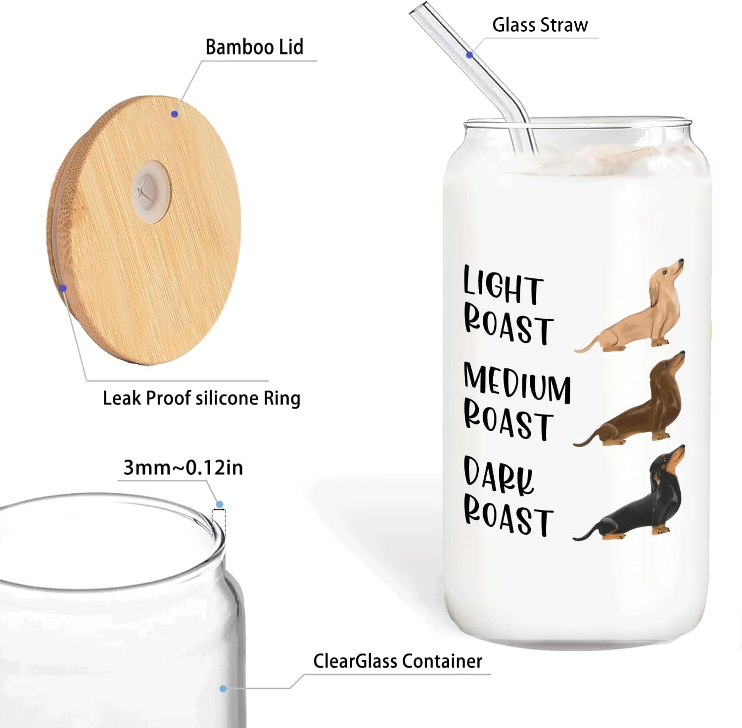 Dachshund Coffee Glass Cup Gifts for Women, 14oz Dachshund Tumbler with Lid and Straw, Funny Wiener Dog Drinking Jar - Image 6