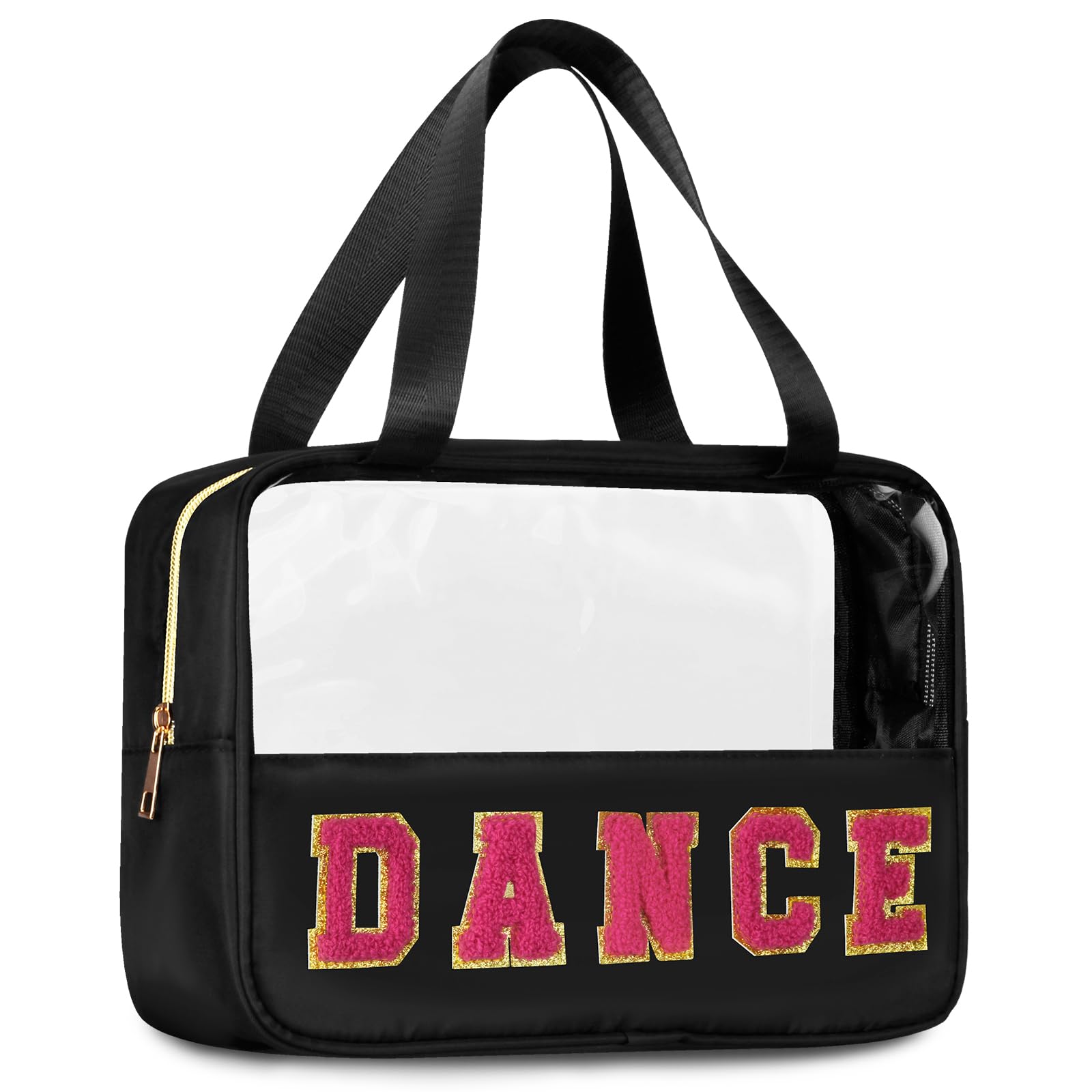 BuyCard Chenille Letter Patch Clear Travel Bags, Preppy PVC&Nylon Makeup Bag with Handle and Zipper, Waterproof Large Clear Travel Toiletry Bag