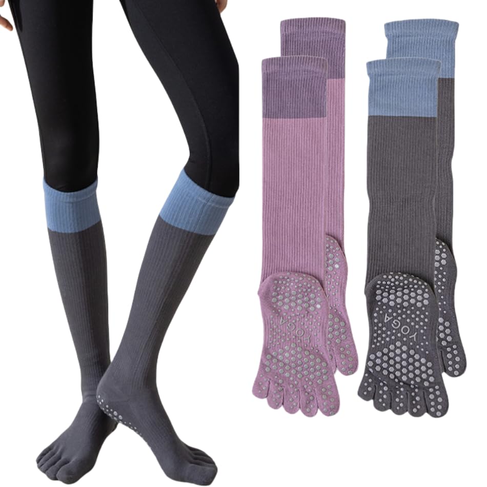 2 Pairs Anti-Slip Toe Socks No Show for Women, Warm Athletic Socks for Yoga, Fitness, Mid-Calf Compression Socks