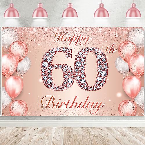 Image of Happy 60th Birthday Rose Gold Banner Cheers to 60 Years Old Backdrop Confetti Balloons Theme Decor for Women 60 Years Old Pink Birthday Party Decorations Bday Supplies Background Favors Gift Glitter