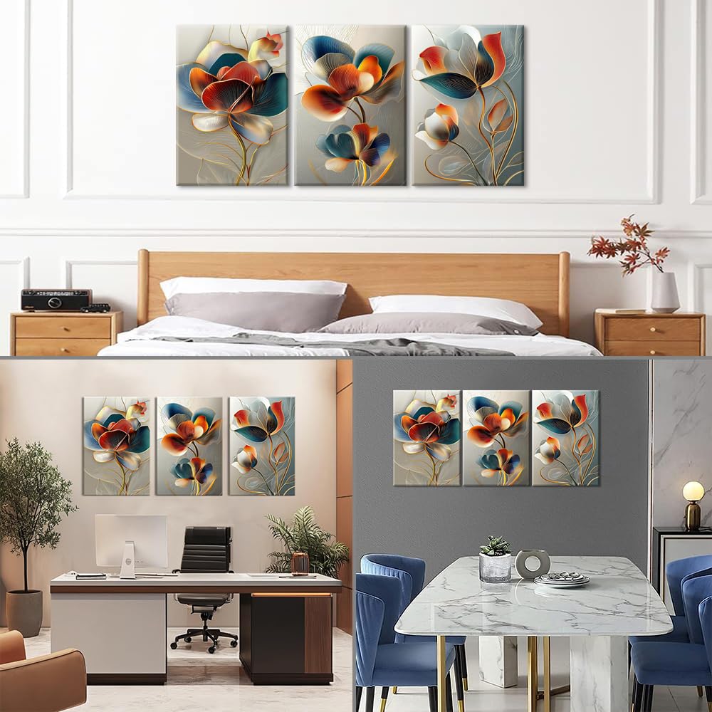 Piy Painting 3x Cuadros De Lienzo Flores, Pintura Sobre Lienzo Moderna, Naranja Impresión HD Impresiones Murales, Grandes Cuadros Con Marco Interior Listo Para Colgar Para Entrada, Baño, 58x40 cm