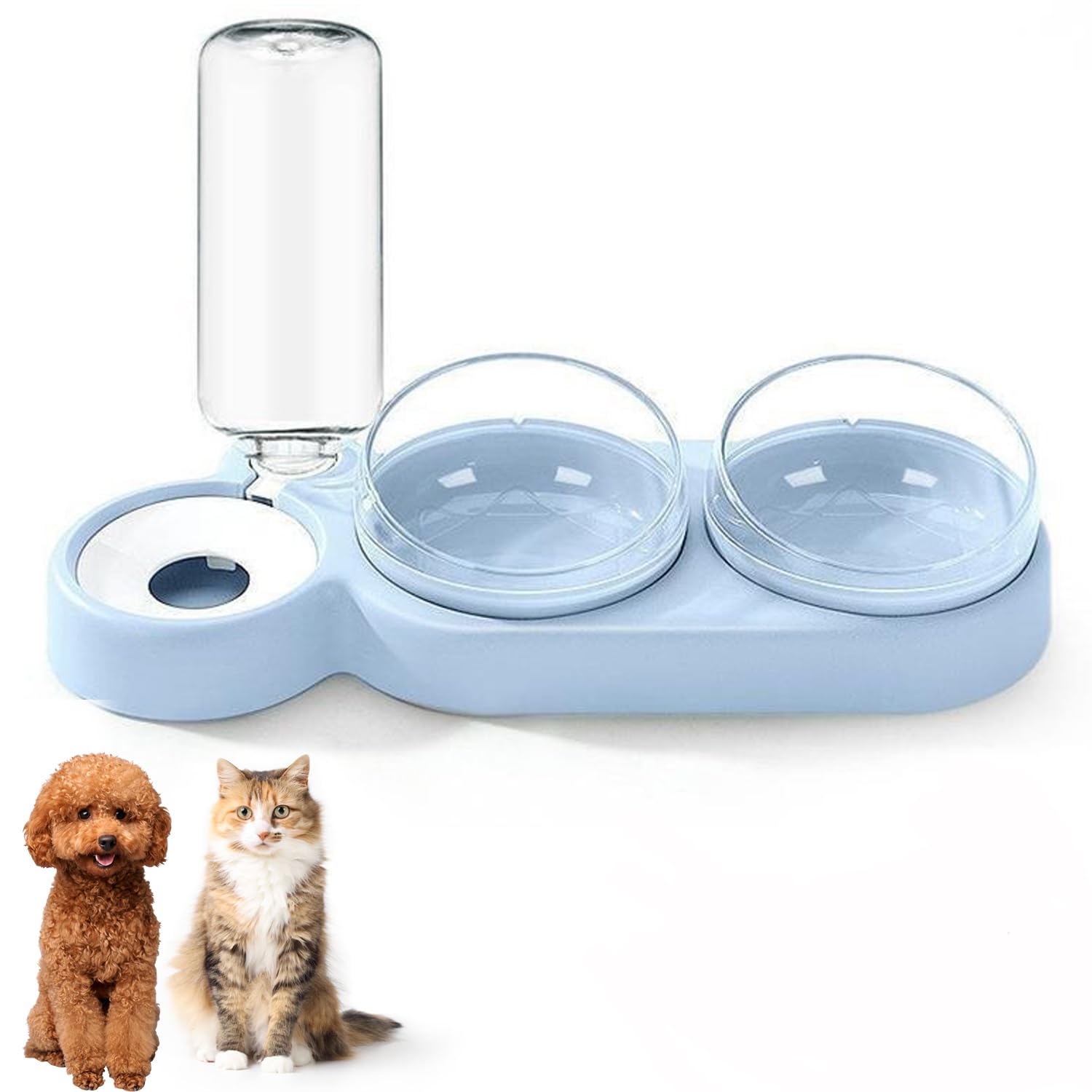 3-In-1 Cat Food and Water Bowl Set, Raised Cat Bowls With Stand, Double Cat Bowls with Water Dispenser for Pet, Food and Water Feeder for Small Medium Dogs Cats (Sky blue)