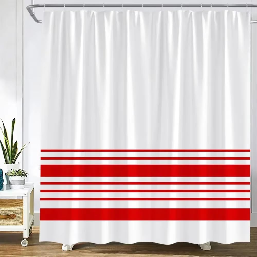 KELAIMI Simple Striped Print Shower Curtain - Modern Geometric Horizontal Stripe Bathroom Curtain with Hooks - Boho Line Bath Curtain with Hooks Red 180X210Cm