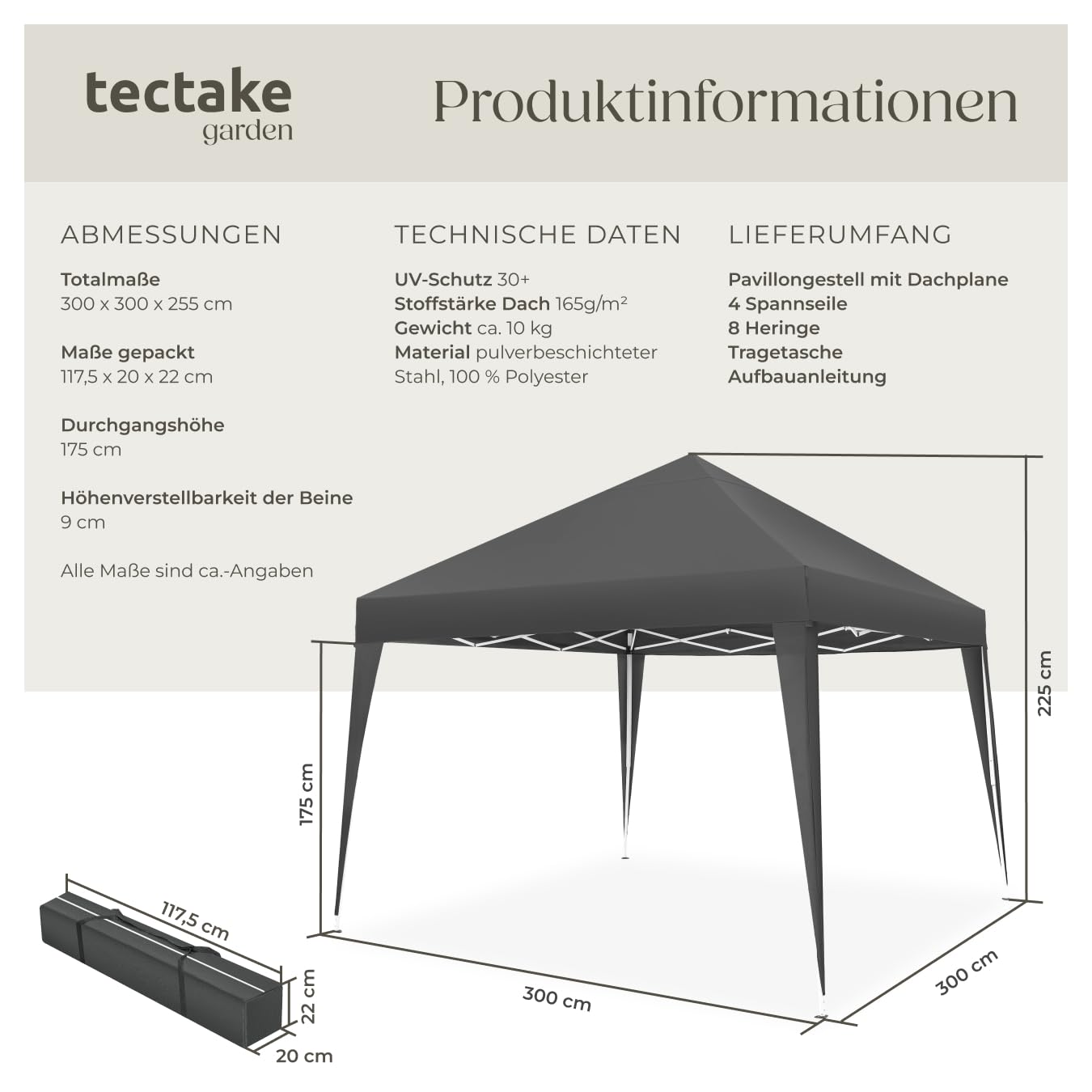 tectake® Pavillon 3x3, Gartenpavillon 3x3, wasserabweisend, höhenverstellbarer Faltpavillon mit Pop Up Klicksystem, Partyzelt für Garten, Festival, Camping, mit Spannseile, Heringe und Tasche - grau