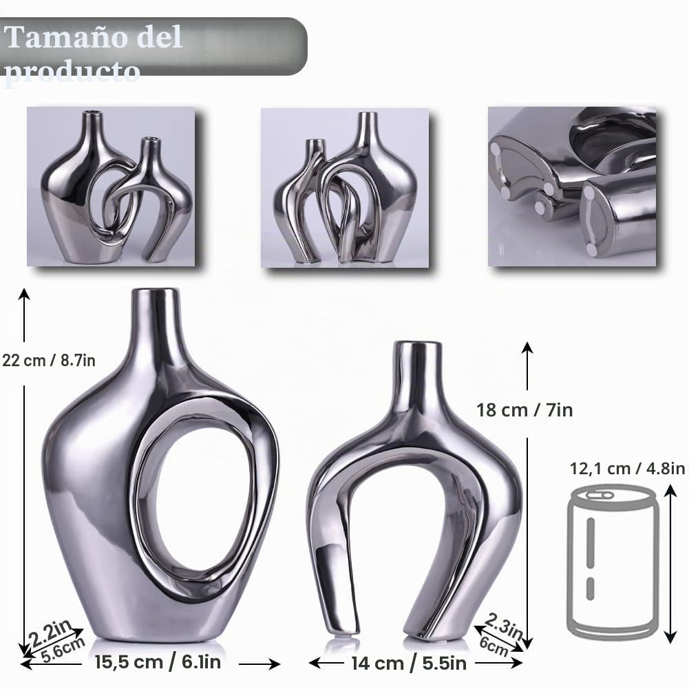 Juego de 2 jarrones de cerámica Huecos Plateados, jarrones Modernos de Estilo Bohemio nórdico para decoración de Bodas, Sala de Estar, Oficina, Entrada, centros de Mesa de Comedor