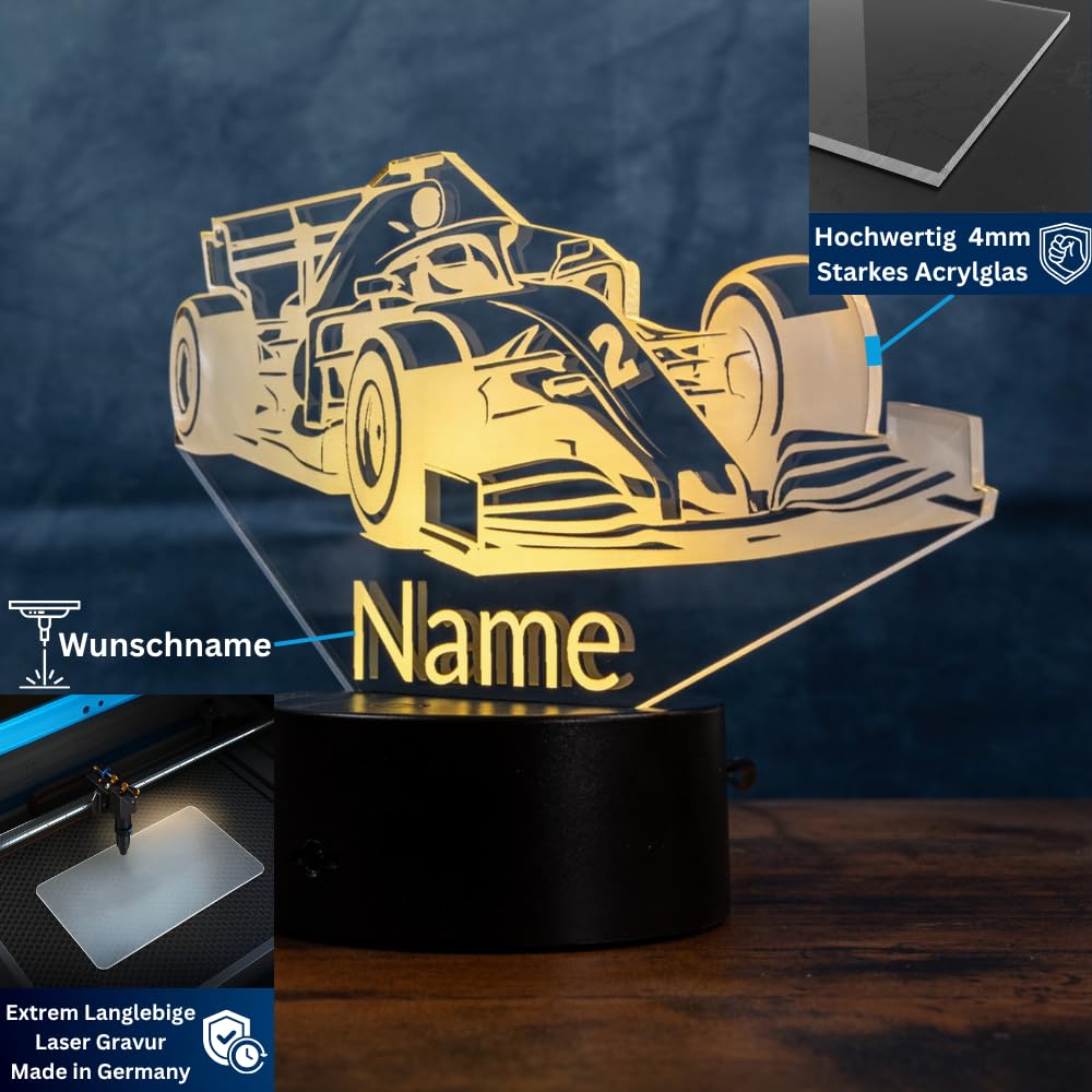 Formula 1 lampada personalizzata – Luce notturna a LED con nome, formula regalo auto per bambini e uomini, decorazione per cameretta dei bambini, camera da letto e appassionati di sport