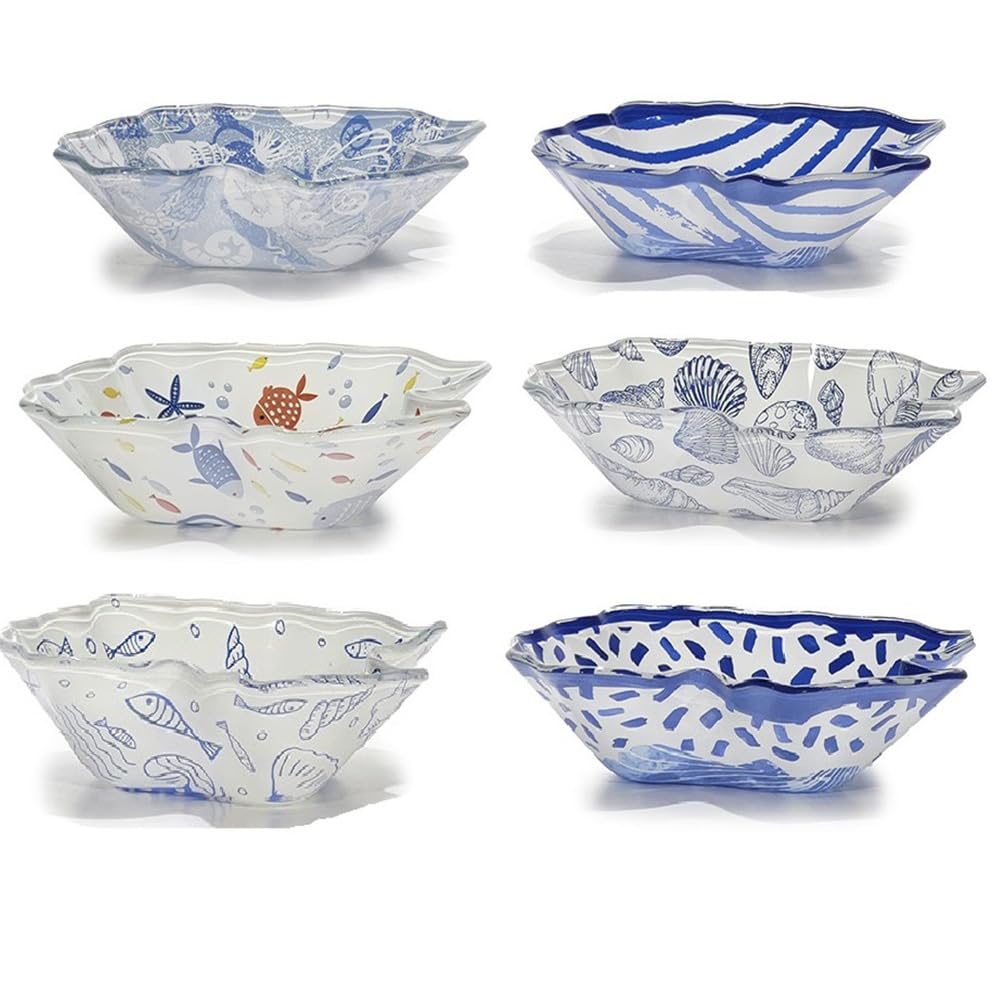 Set 6 Ciotole a Forma di Conchiglia in Vetro Piatti per Aperitivo e Buffet Tema Mare 6 Fantasie Assortite Blu e Bianco L16xP15,5xH4 cm Ideale per antipastiere Tavola Elegante professionali Horeca
