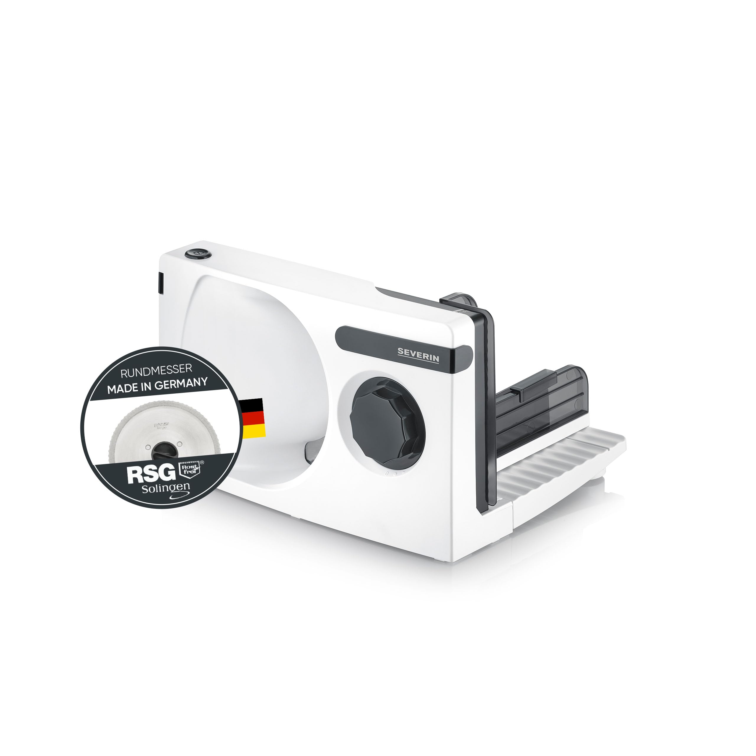 Severin Allesschneider für Brot, Aufschnitt oder Käse, Brotschneidemaschine mit stufenlos einstellbarer Schnittstärke, Aufschnittmaschine mit Fingerschutz, weiß-schwarz, AS 3912