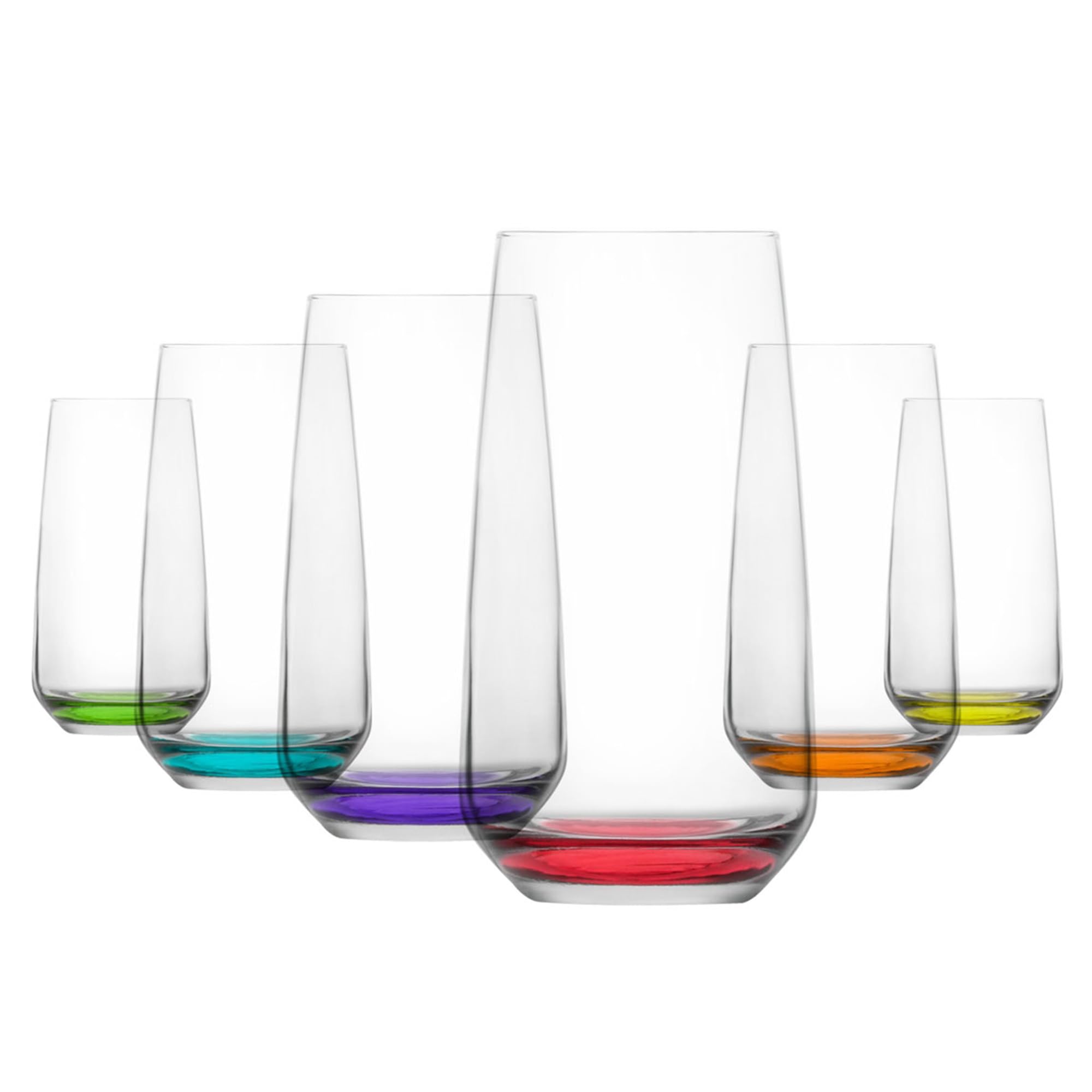 LAV Modern Vasos de Cristal Agua con Base de Colores, Copa de Coctel Set 6 480ml 100% SIN PLOMO Vasos Largos Vasos Altos de Vidrio, Vasos Zumo, Vasos Grandes Cristal Vaso Cocktail, Mojitos