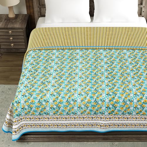 Image of BLOCKS OF INDIA 100% Cotton Dohar King Size Reversible Hand Block Printed Malmal Summer Dohar /Blanket (Blue GAD BUTI)