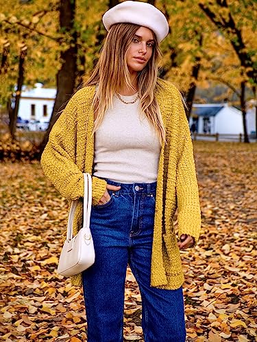 Anrabess Womens Open Front Fuzzy Cardigan Sweater Batwing Sleeve Loose Knit Popcorn Cloak Outwear With Pockets A230Huangse-S Yellow #TOP2