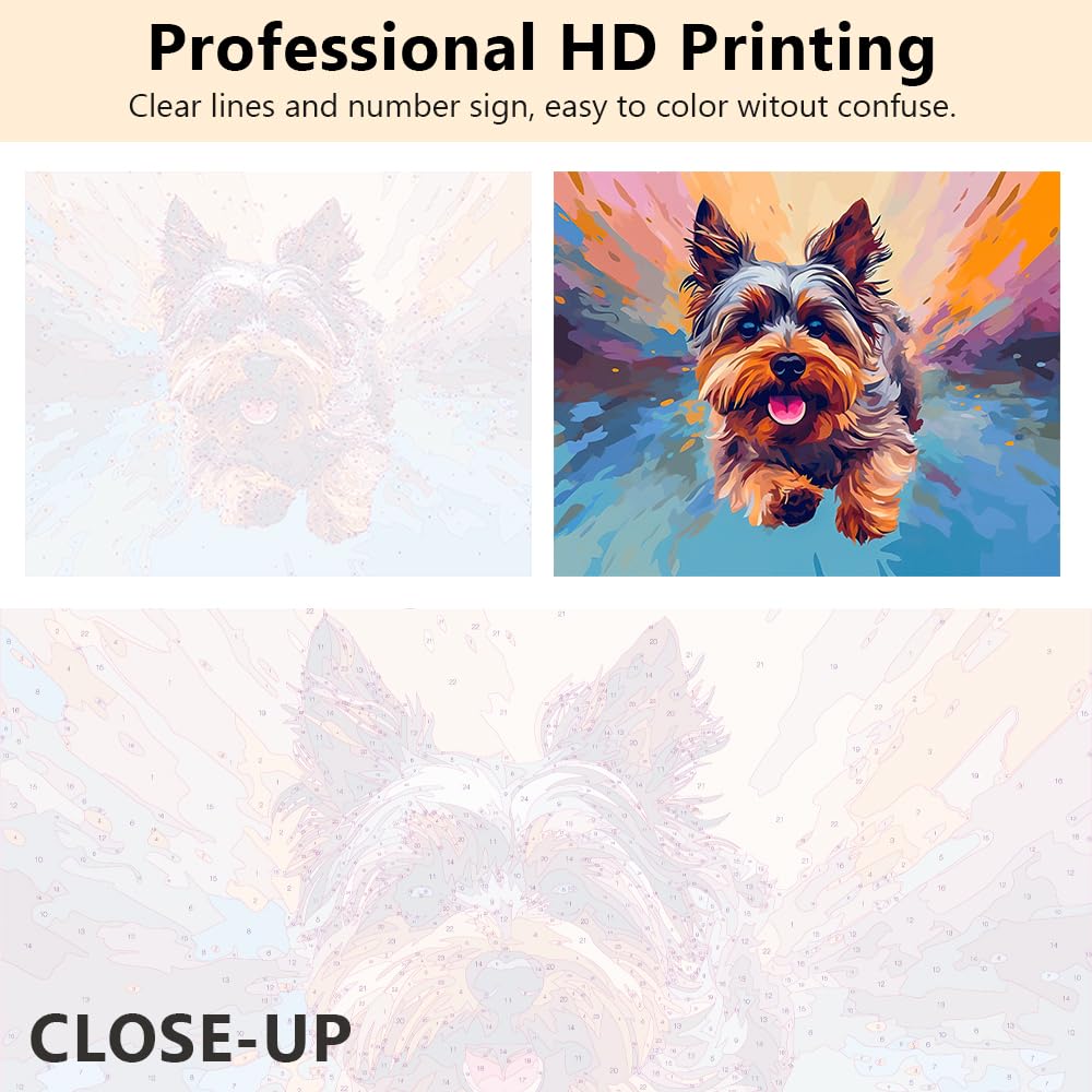 TISHIRON Tiere Malen nach Zahlen mit Pinseln Yorkshire Terrier Hund DIY Malen nach Zahlen für Erwachsene Welpe Malen nach Zahlen Kits auf Leinwand Kunsthandwerk 40 x 50 cm(Rahmen)