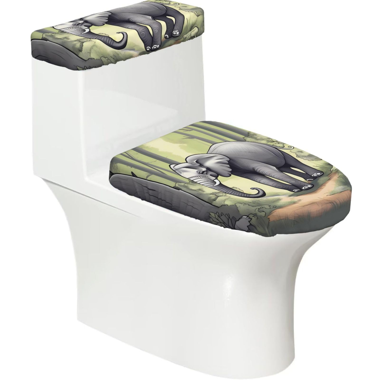 Cntdbu Black Walking Elephant Elastic Toilet Cover Set Of 2-Stretchy Lid And Tank Covers For Bathroom, Soft Washable U Shape Toilet Decor