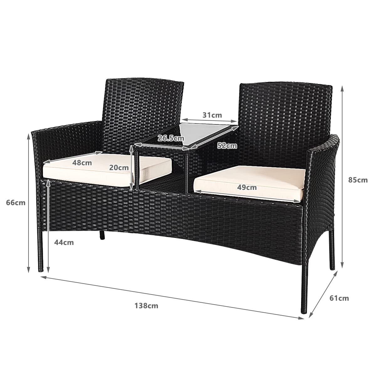 LIFEZEAL Panca doppia in rattan, poltrona da giardino per 2 persone, con tavolino in vetro temperato, sedia divano a 2 posti con cuscini, mobile di conversazione per balcone patio